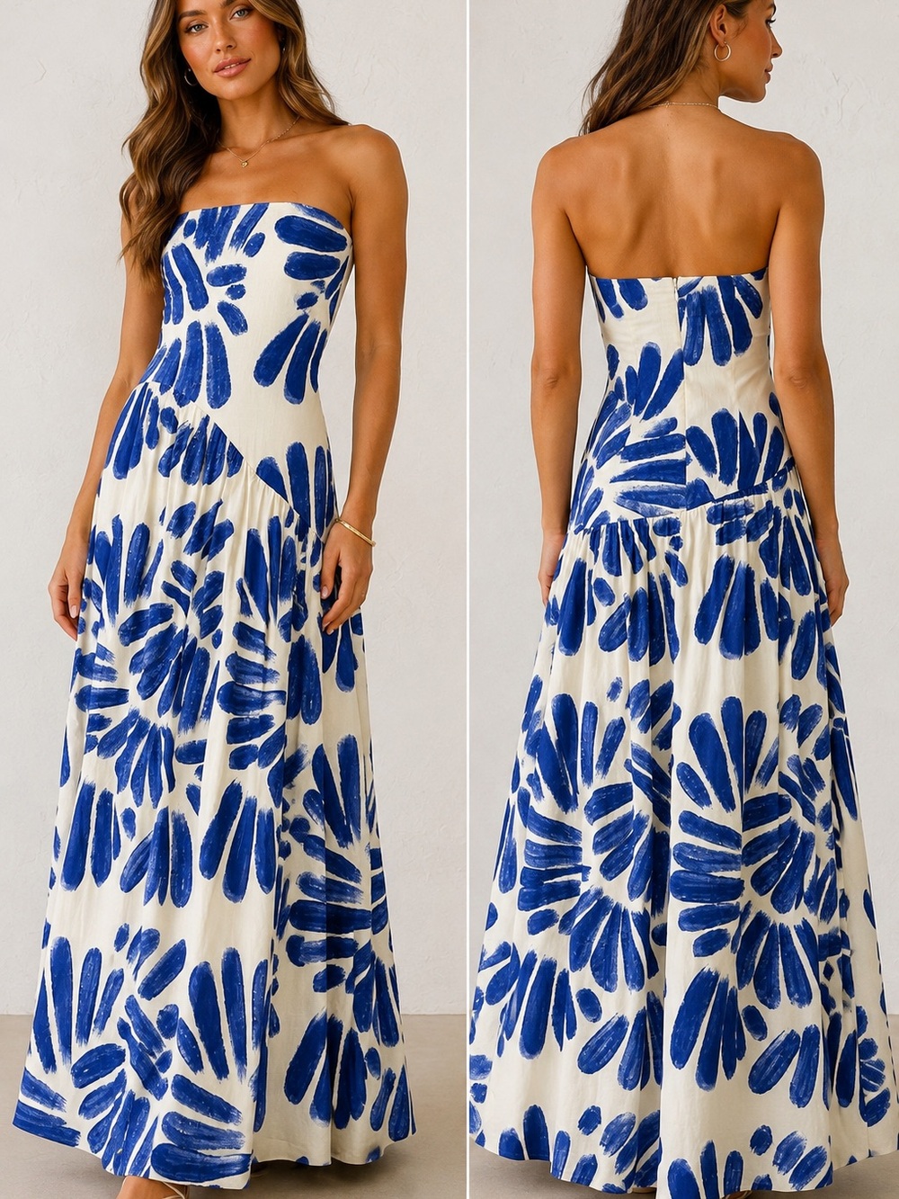 SABO Mila Brush Petal Strapless Maxi Dress Blue Ivory 100% Cotton NWT Small